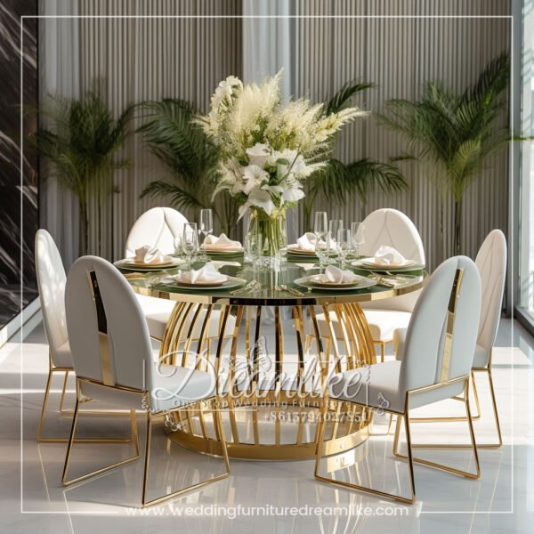 Elegant Gold Base Dining Table with Clear Glass Surface for Weddings and Banquets