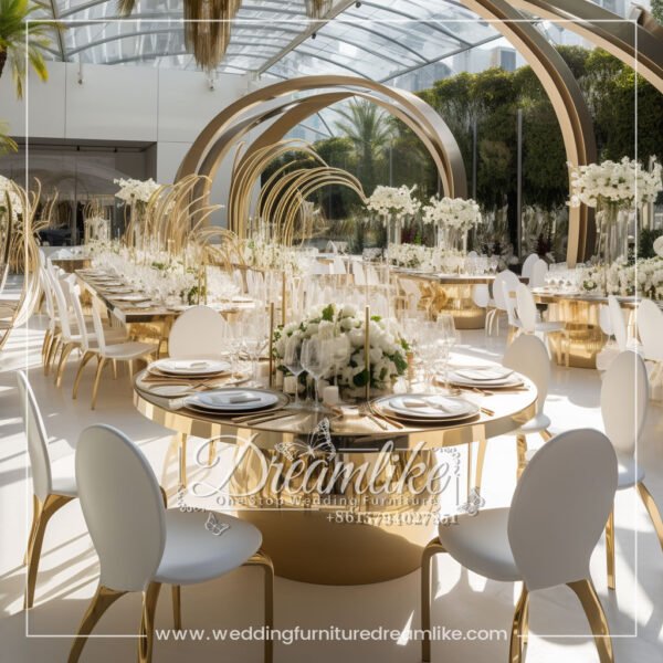 Gold Stainless Steel Mirrored Glass Dining Table – Elegant Wedding Design