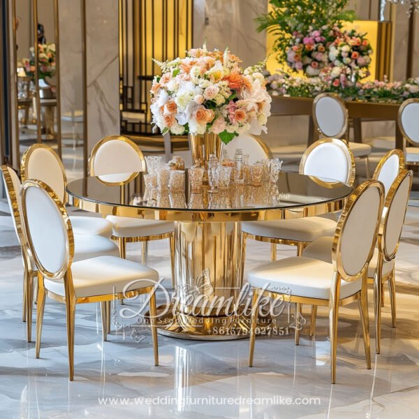 Luxury Gold Mirrored Top with Stainless Steel Edge and Cylindrical Base Wedding Banquet Table