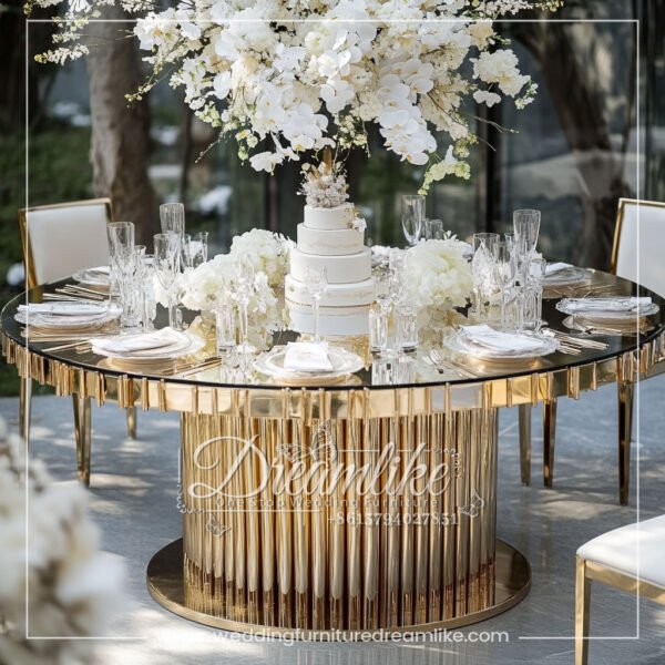 Modern European Banquet Table – A Classic Match of Gold Stainless Steel and Glass Top