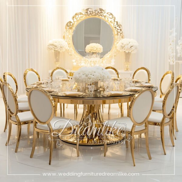 High-End Dining Table with Gold Pedestal and Smooth Glass Surface