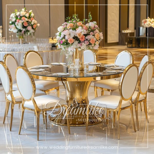 Luxurious Round Dining Table with Mirrored Glass Top and Gold Base