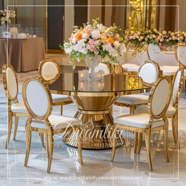 High-End Wedding Banquet Table – Gold Stainless Steel and Glass Top