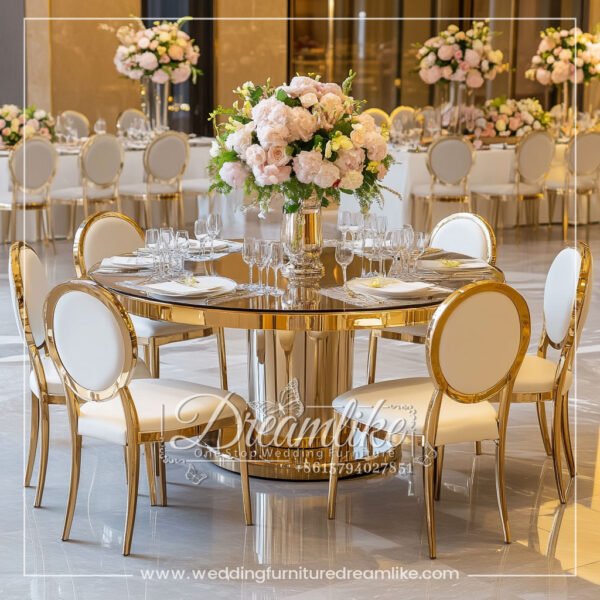 Exclusive Dining Table with Gold Pedestal and Elegant Glass Top