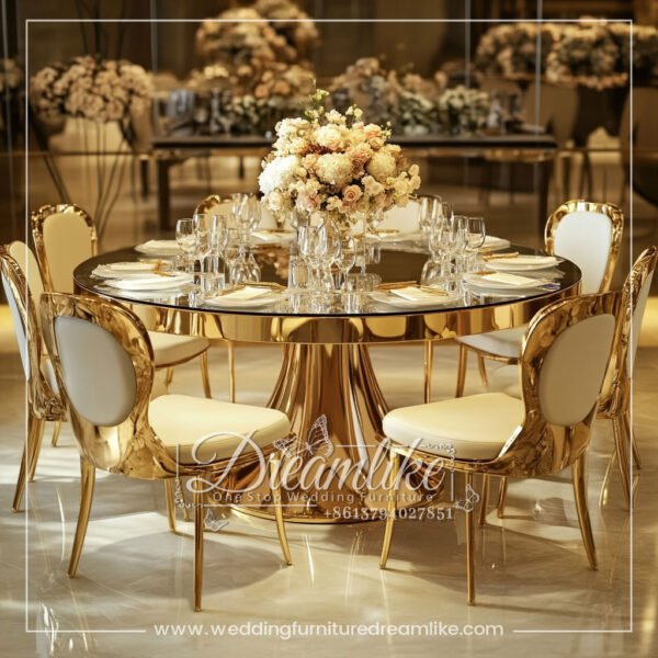 Modern Elegant Wedding Table – Mirror Glass Surface with Gold Base