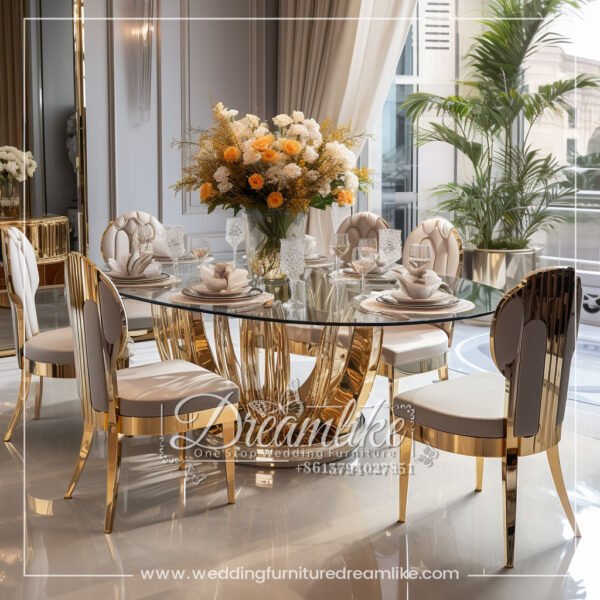 Luxury Gold Stainless Steel Mirrored Glass Wedding Banquet Table and Chair Set