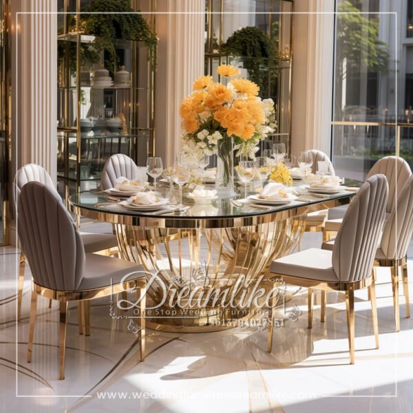 Modern European Style Mirrored Glass Gold Stainless Steel Wedding Banquet Table and Chairs