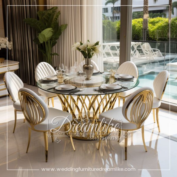 Modern Round Dining Table with Golden Woven Base and Clear Glass Surface