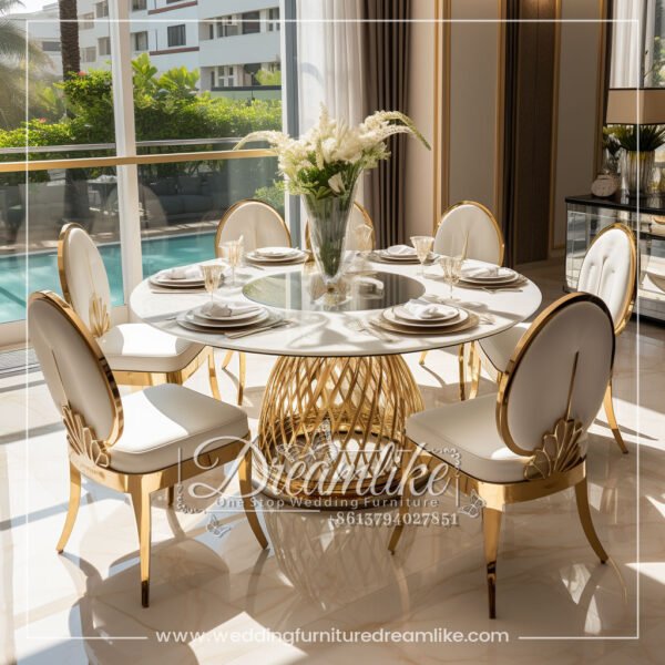 Luxurious Round Dining Table with MDF Board Top and Gold Stainless Steel Base