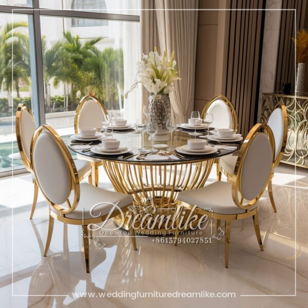 Gold Stainless Steel Pedestal Dining Table with Clear Glass Surface for Banquets