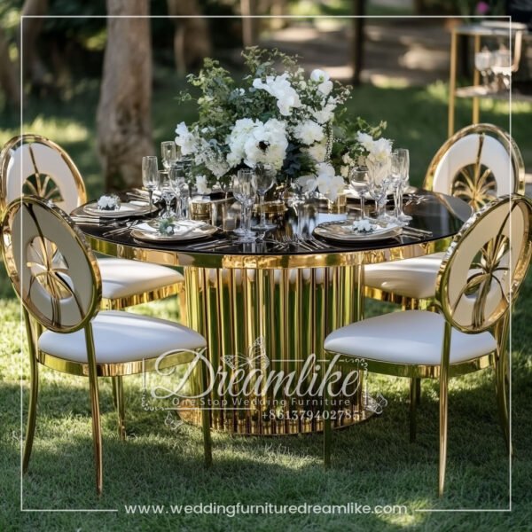 Elegant Round Dining Table with Black Mirror Glass and Gold Base