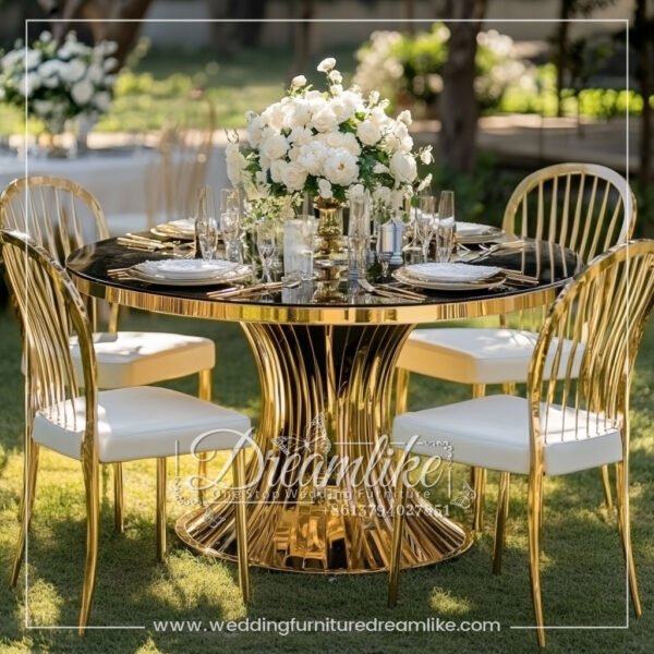 Premium Round Dining Table with Black Glass and Glossy Gold Stainless Steel