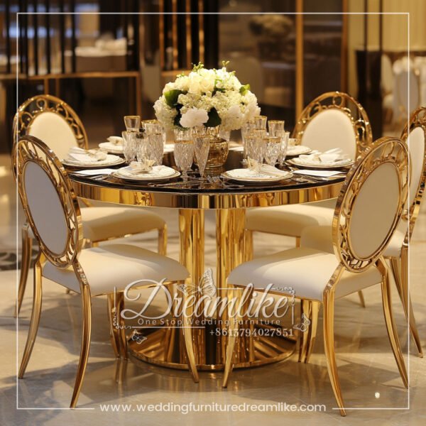 Luxury Banquet Dining Table with a Perfect Blend of Black Glass and Gold Metal