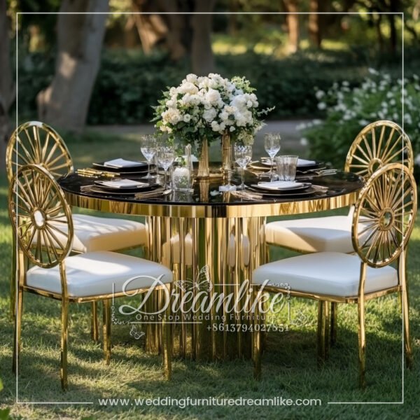 Stylish Black Glass Table with a Luxurious Gold Base Accent