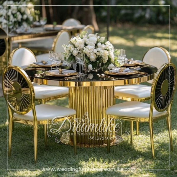 Wedding Luxury Furniture – Round Black Glass Table with a Gold Pedestal