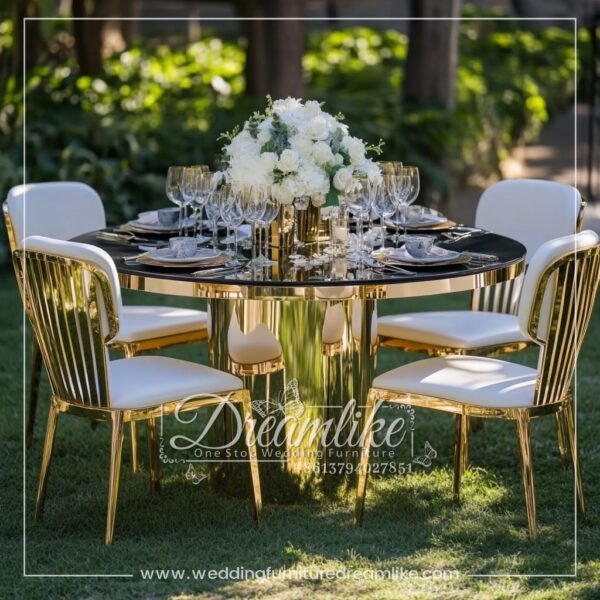 Luxury Event Dining Table – Black Mirrored Glass and Gold Stainless Steel