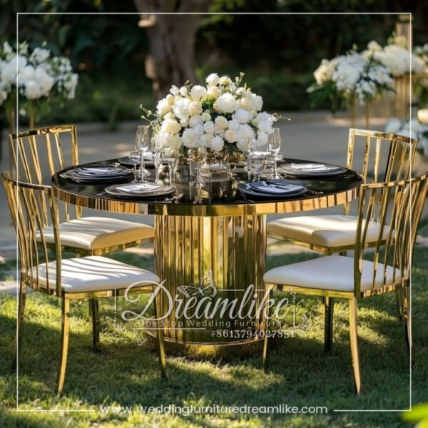 Opulent Black Glass Wedding Table with a Gold Stainless Steel Base