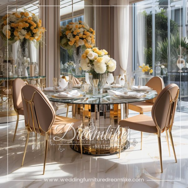 Mirrored Glass Gold Stainless Steel Banquet Table and Chairs