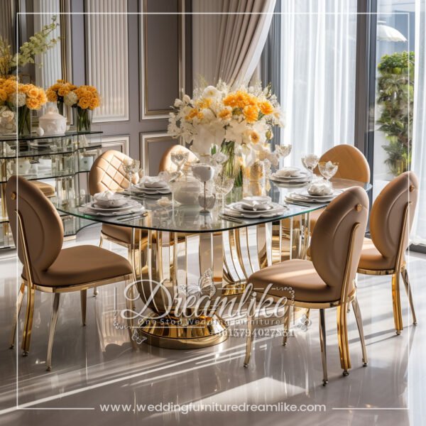 Gold Stainless Steel Tube Leg Glass Dining Table