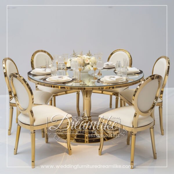 Modern Elegance – Gold Stainless Steel Pedestal Table with Mirrored Glass Top