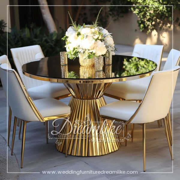 Premium Wedding Table – Round Mirror Glass with Gold Stainless Steel Pedestal