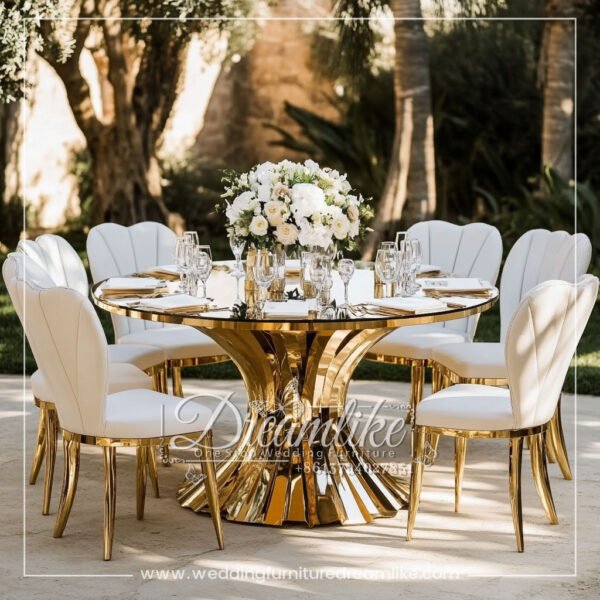 Luxury Round Dining Table – Gold Stainless Steel Pedestal and Mirror Glass Top