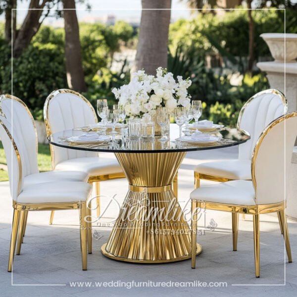 Modern Gold Cylindrical Base Mirrored Glass Dining Table