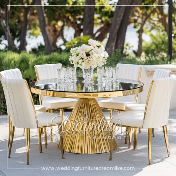 Mirrored Glass Round Table with Gold Stainless Steel Base