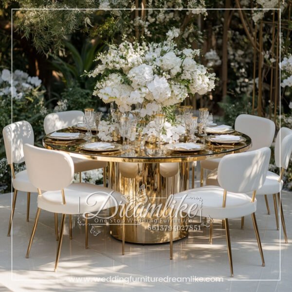 Glamorous Round Dining Table with Gold Base and Black Mirrored Surface