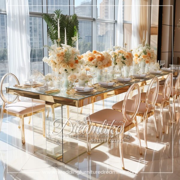 Crystal Clear Glass Acrylic Dining Table with Gold Metal Base for Events