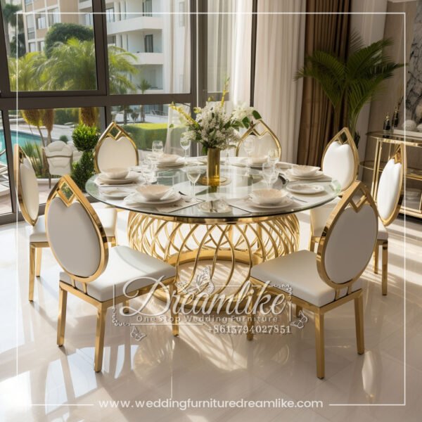 Modern Round Table with Gold Woven Base and Clear Glass for Luxury Events