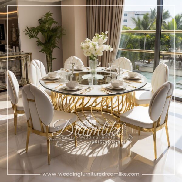 Luxurious Modern Round Table with Gold Stainless Steel and White Glossy Surface