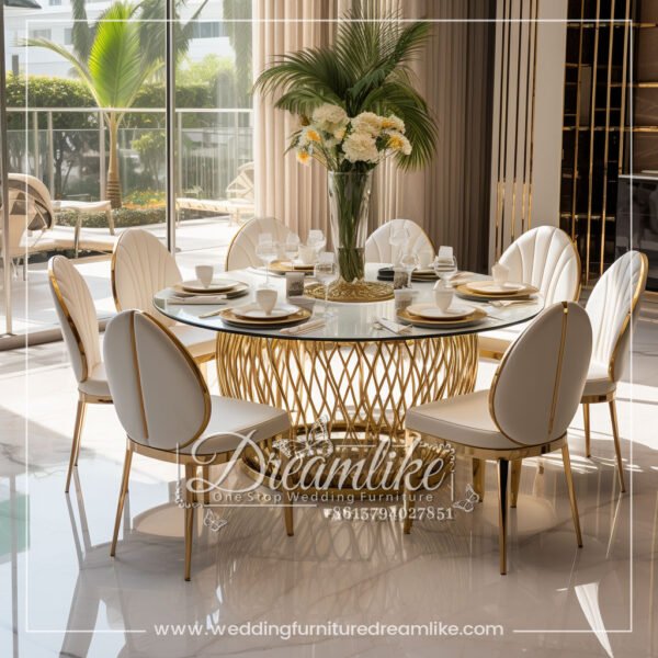 Stylish Gold Stainless Steel Dining Table with Round White Glass Top