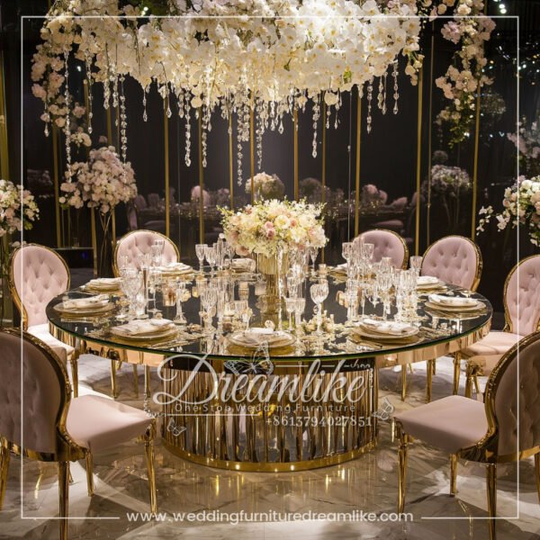 Luxury VIP Round Dining Table With Gold Stainless Steel And Clear Glass Top