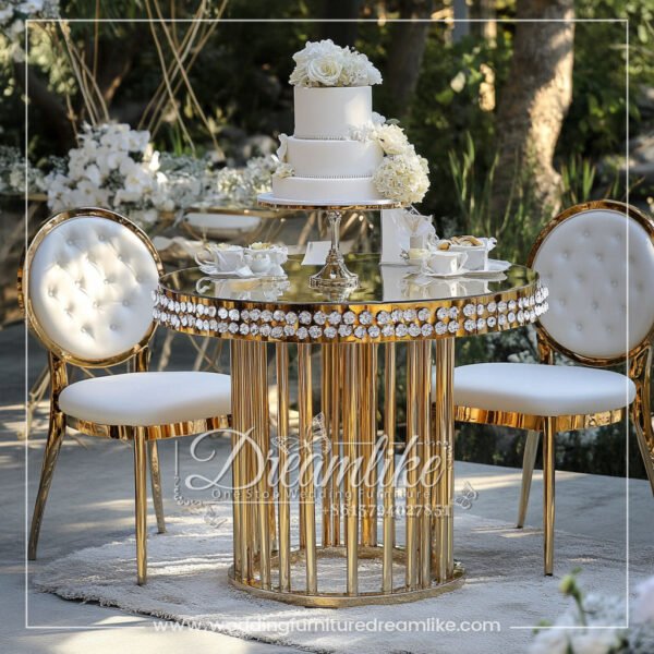 Modern European Gold Stainless Steel Round Cake Table with Mirrored Top