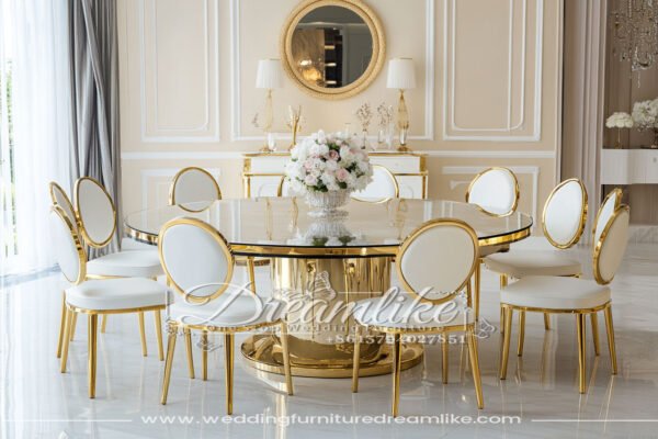 Mirrored Glass Dining Table with Gold Stainless Steel Support – Luxury Wedding Option