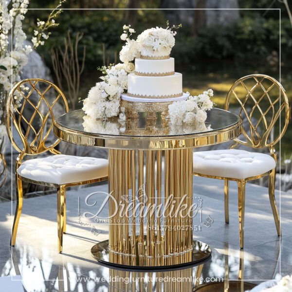 High-End Mirrored Glass Cake Table with Gold Stainless Steel Base