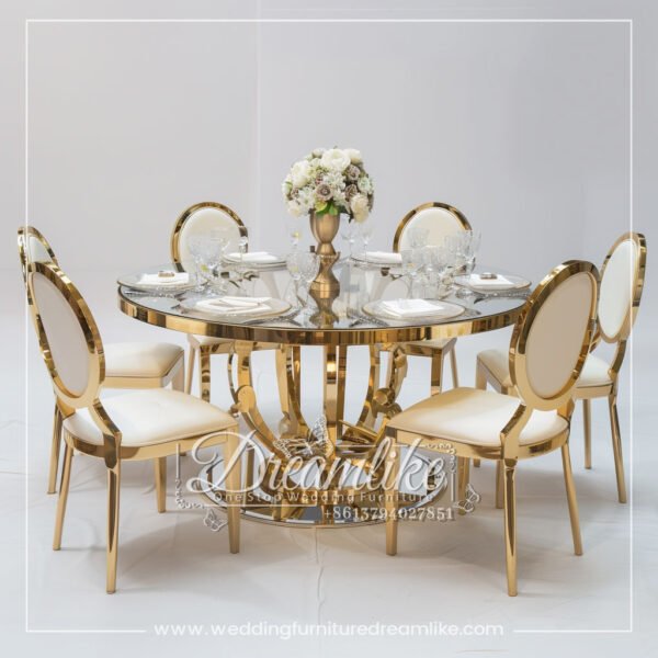 Luxurious Round Dining Table with Gold Stainless Steel Base and Glass Top