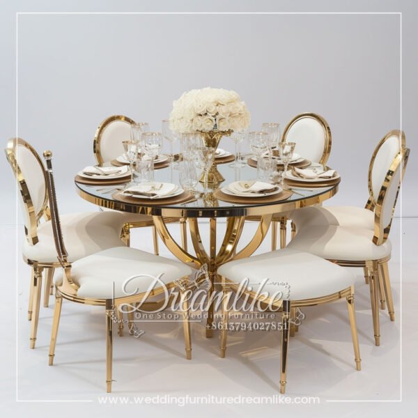 Elegant Wedding Banquet Table with Reflective Glass Top and Gold Base