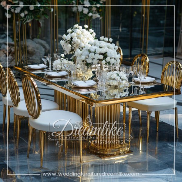 Luxury Mirrored Glass Wedding Banquet Table with Gold Stainless Steel Legs