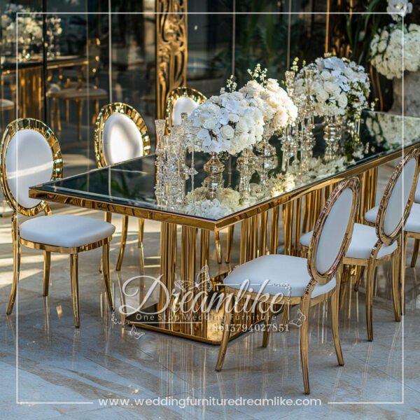 Sleek Mirrored Glass Wedding Banquet Table with Gold Stainless Steel Accents