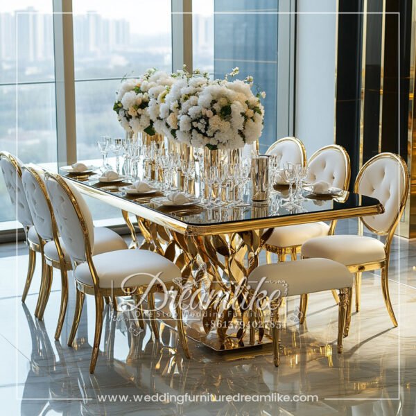 Luxurious Mirrored Glass with Gold Stainless Steel Wedding Long Table