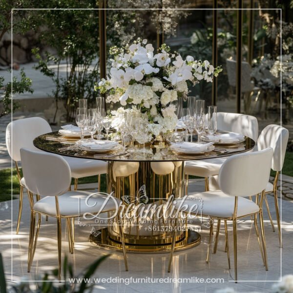 Exclusive Gold Stainless Steel Pedestal Table with Black Glass Top